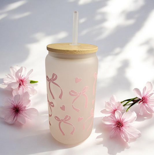 Pink Bows II White Glass Tumbler