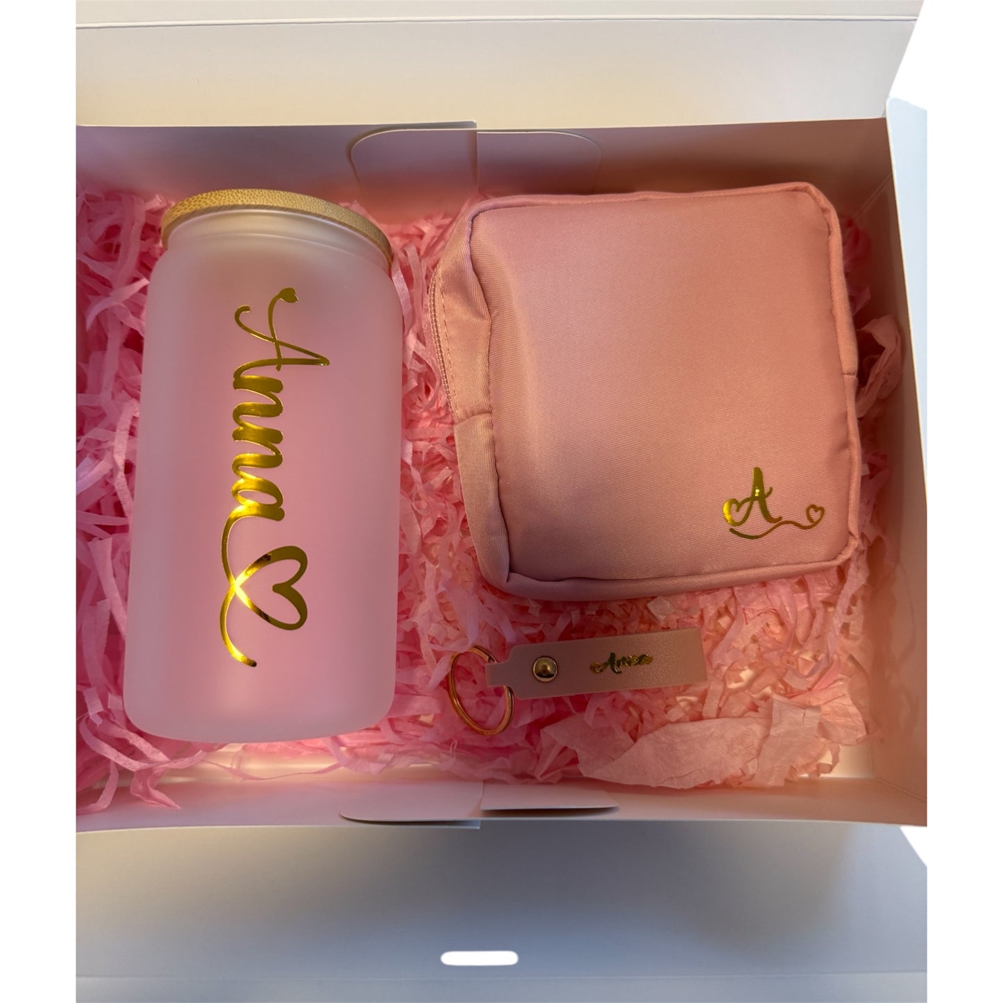 Gift Box: Personalized Glass Tumbler, Toiletry Bag, and Name Keychain