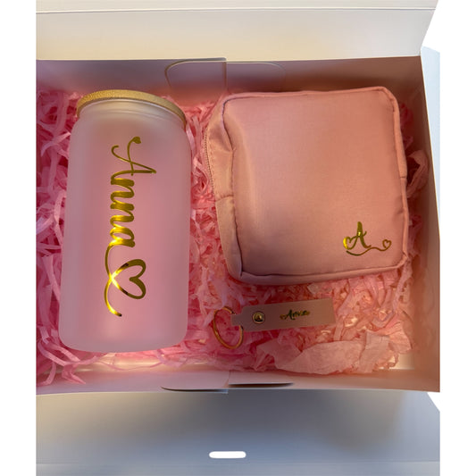 Gift Box: Personalized Glass Tumbler, Toiletry Bag, and Name Keychain
