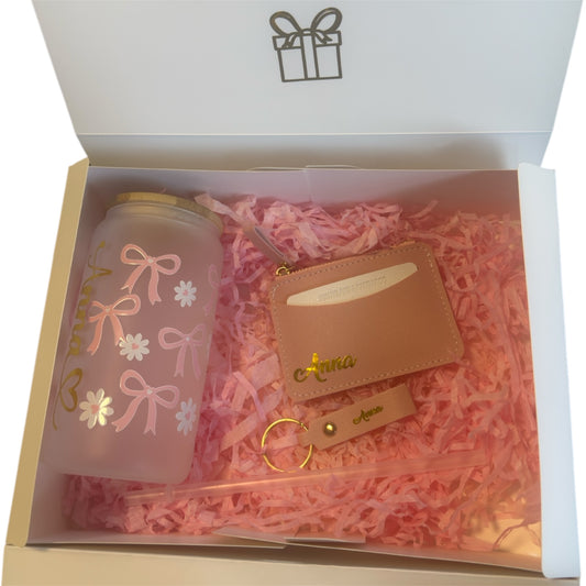 Gift Box: Designer Glass Tumbler, Card Holder, and Name Keychain