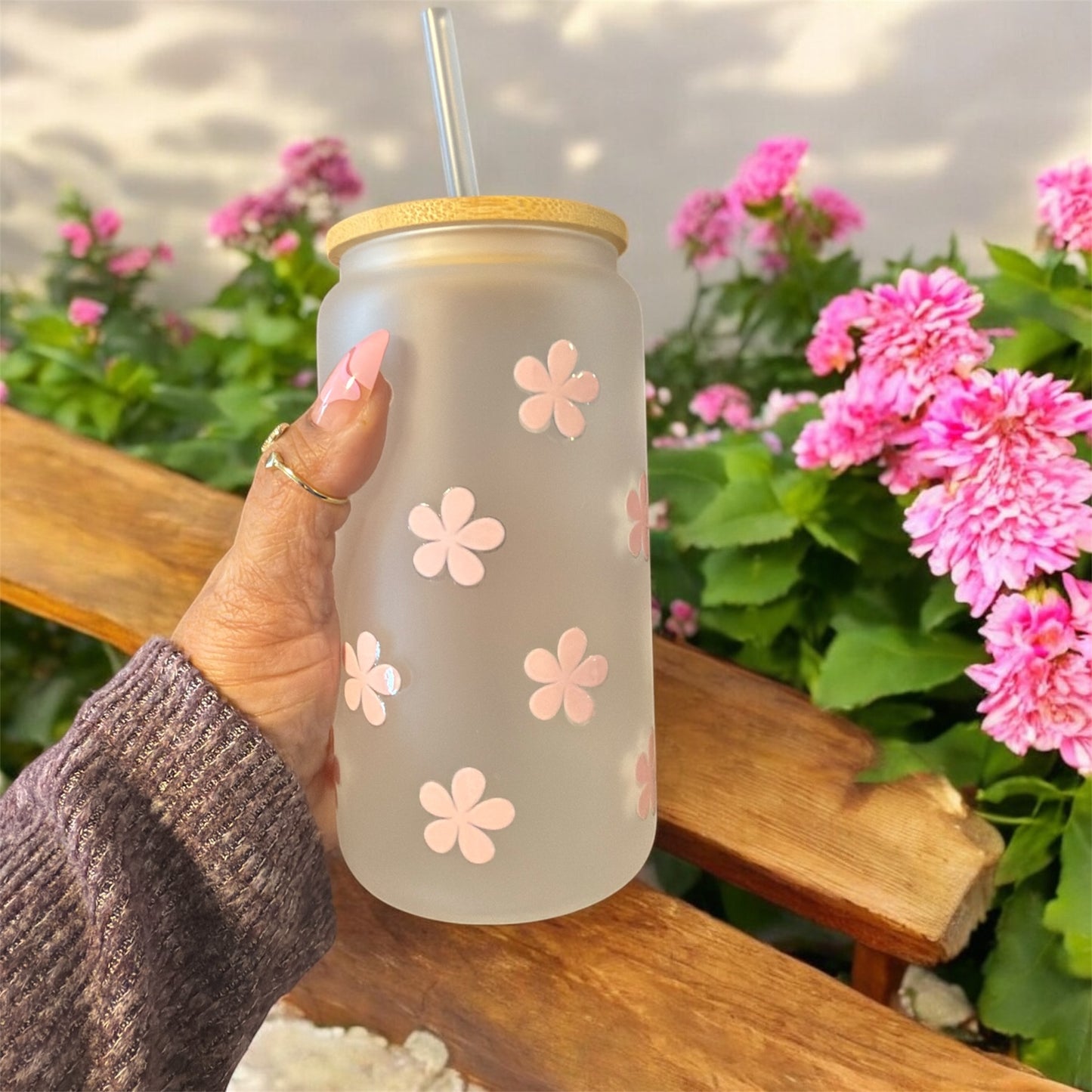 Pink Floral White Glass Tumbler