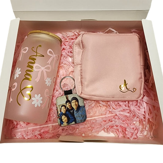Gift Box: Designer Glass Tumbler, Toiletry Bag, and Photo Keychain