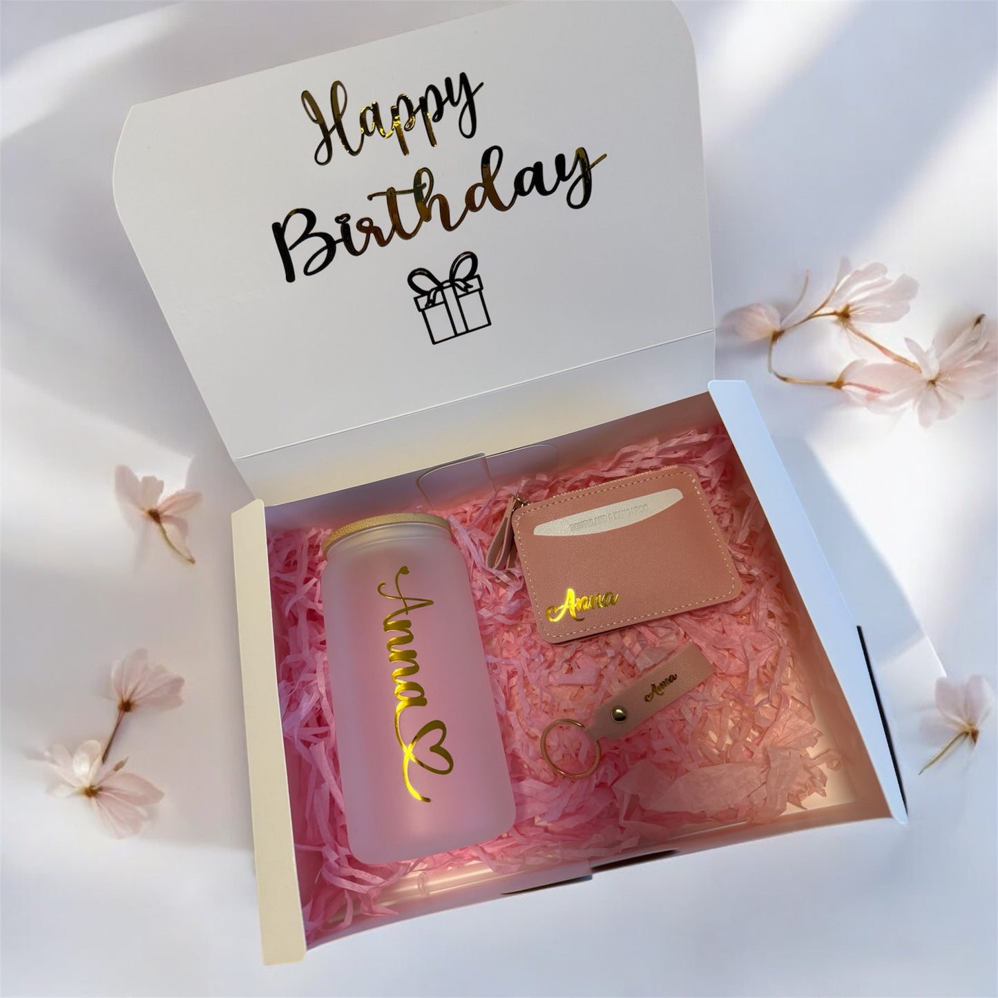 Gift Box: Personalized Glass Tumbler, Card Holder, and Name Keychain