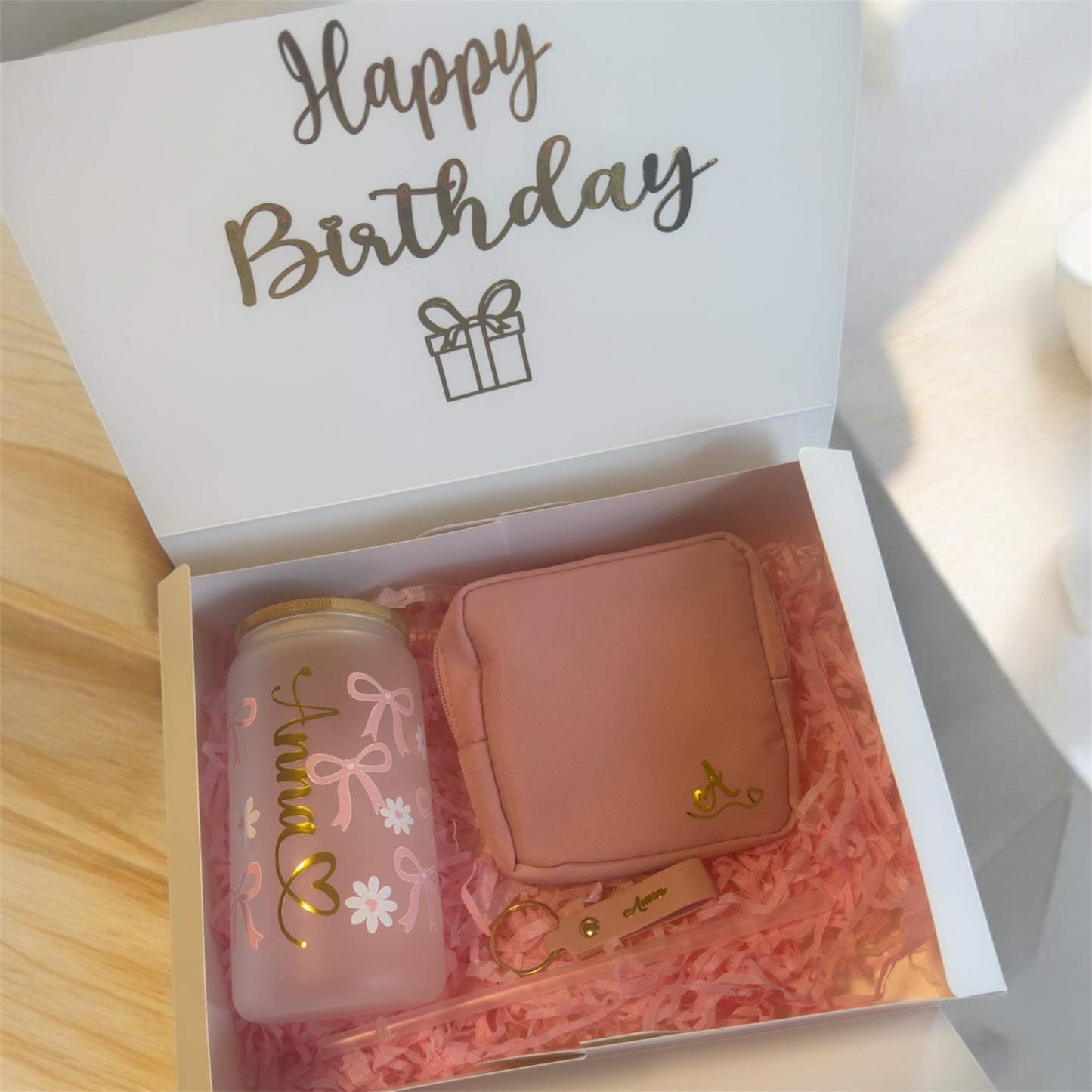 Gift Box: Designer Glass Tumbler, Toiletry Bag, and Name Keychain