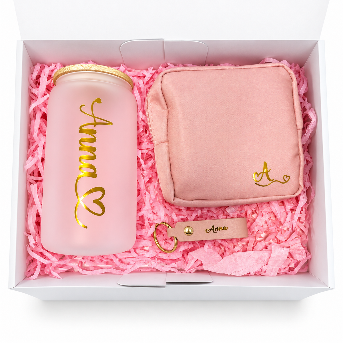 Personalized Gift Box with Glass Tumbler, Cosmetic Pouch, and Name Keychain