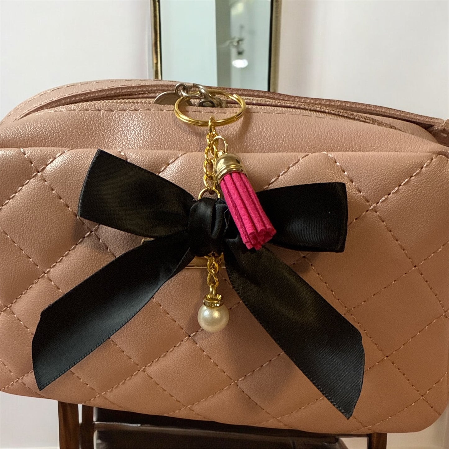 Elegant Bow Keychain with Pearl Pendant