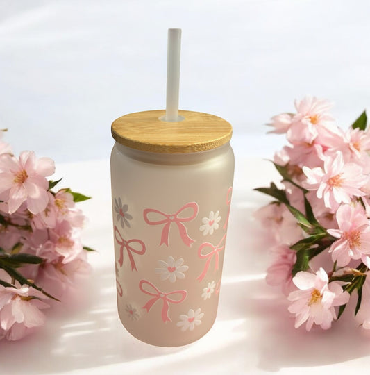 Bows and Flowers White Glass Tumbler