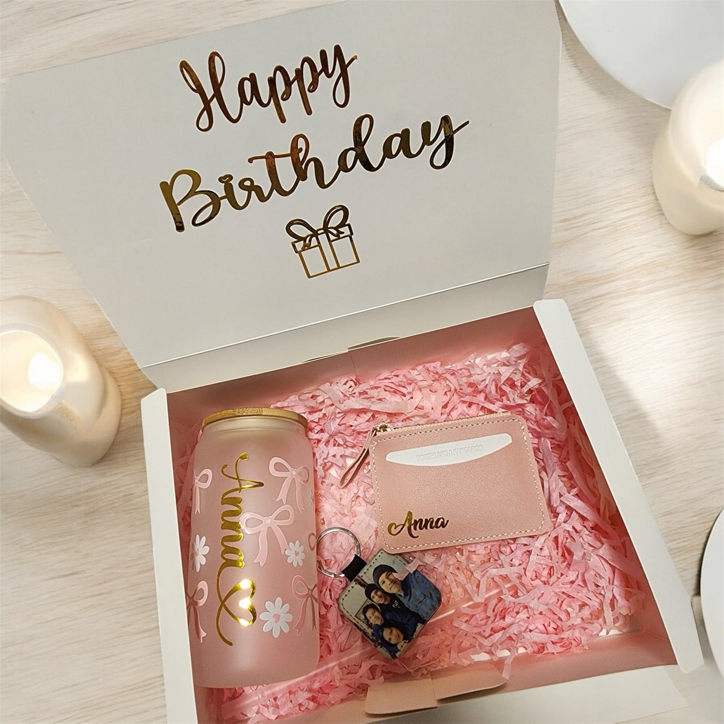Gift Box: Designer Glass Tumbler, Card Holder, and Photo Keychain