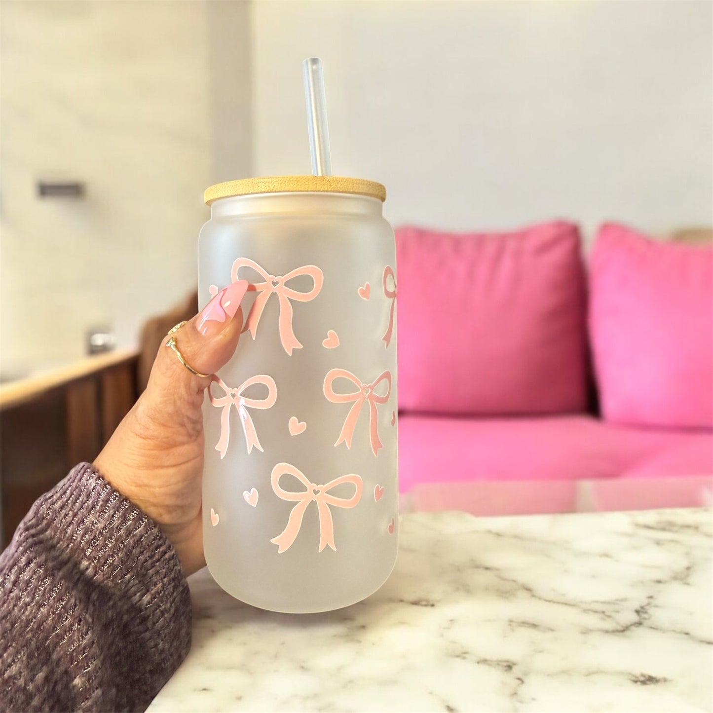 White Glass Tumbler with Bows and Hearts