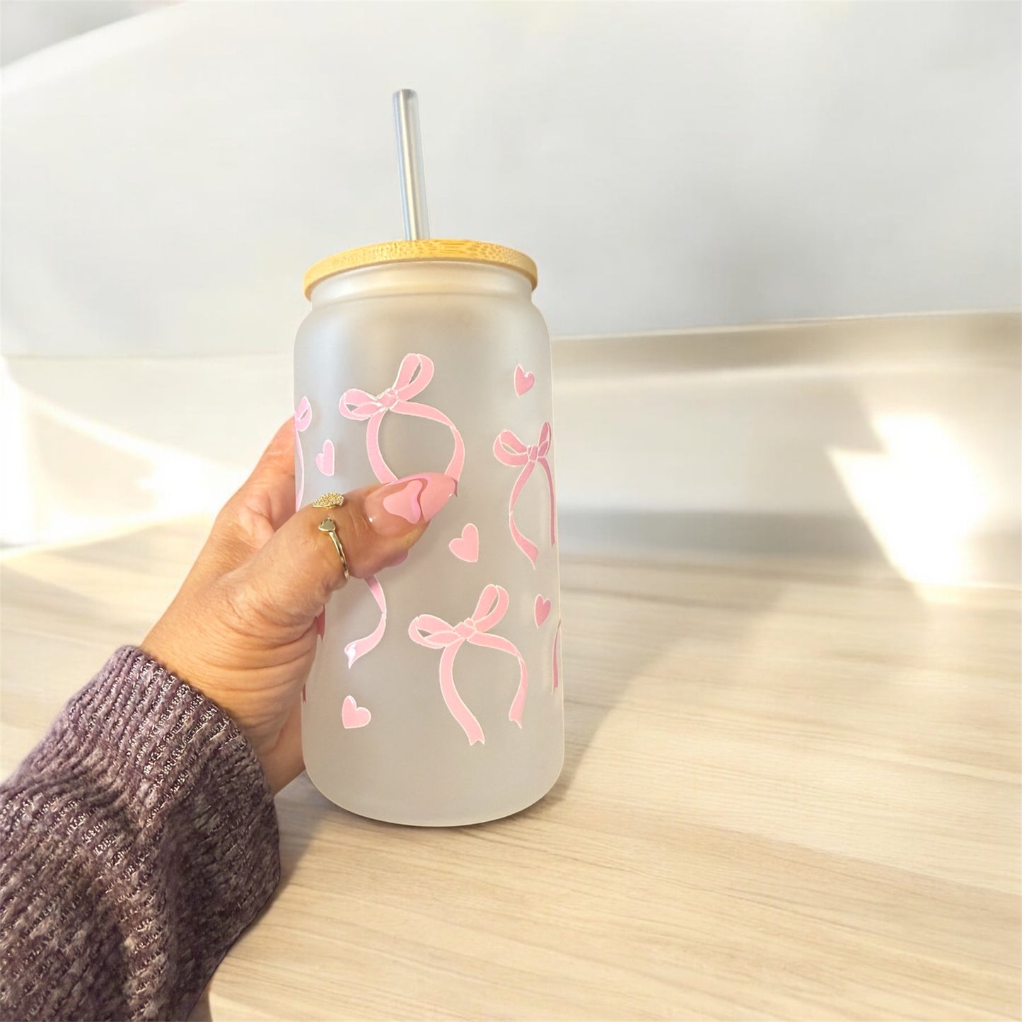 Pink Bows II White Glass Tumbler