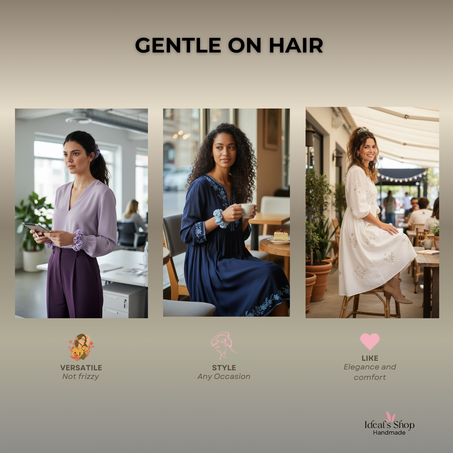 XL Satin Scrunchies Set of 3 – Premium Handmade No-Pull Hair Ties for Women & Girls – Oversized Scrunchies — Purple, Light blue and Green