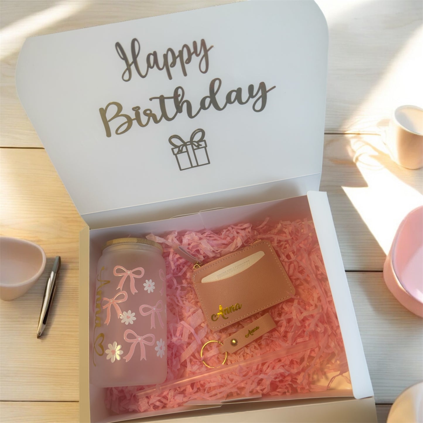 Gift Box: Designer Glass Tumbler, Card Holder, and Name Keychain
