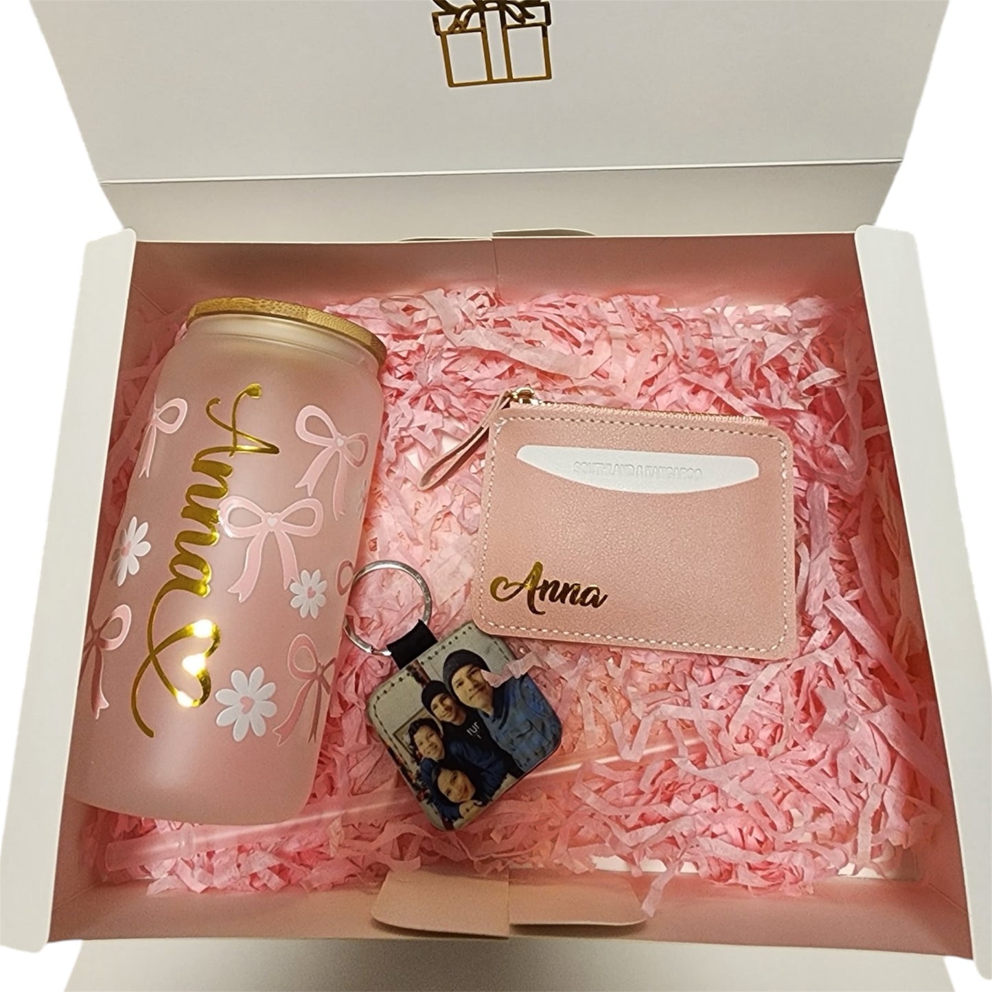 Gift Box: Designer Glass Tumbler, Card Holder, and Photo Keychain
