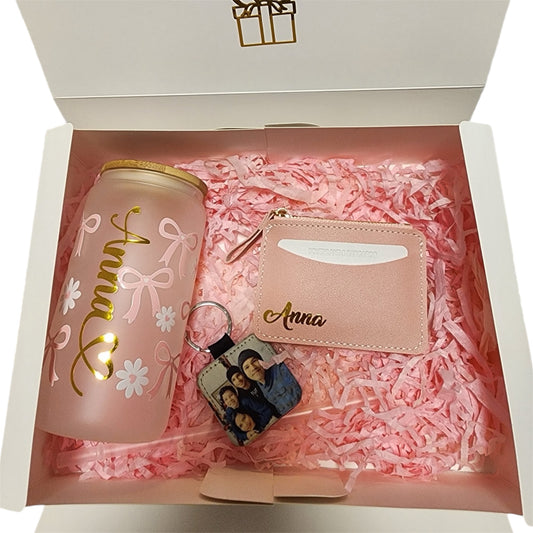 Gift Box: Designer Glass Tumbler, Card Holder, and Photo Keychain