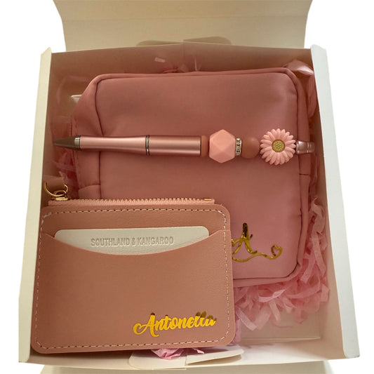 Gift Box: Cosmetic Bag, Card Holder, and Bohemian Pen