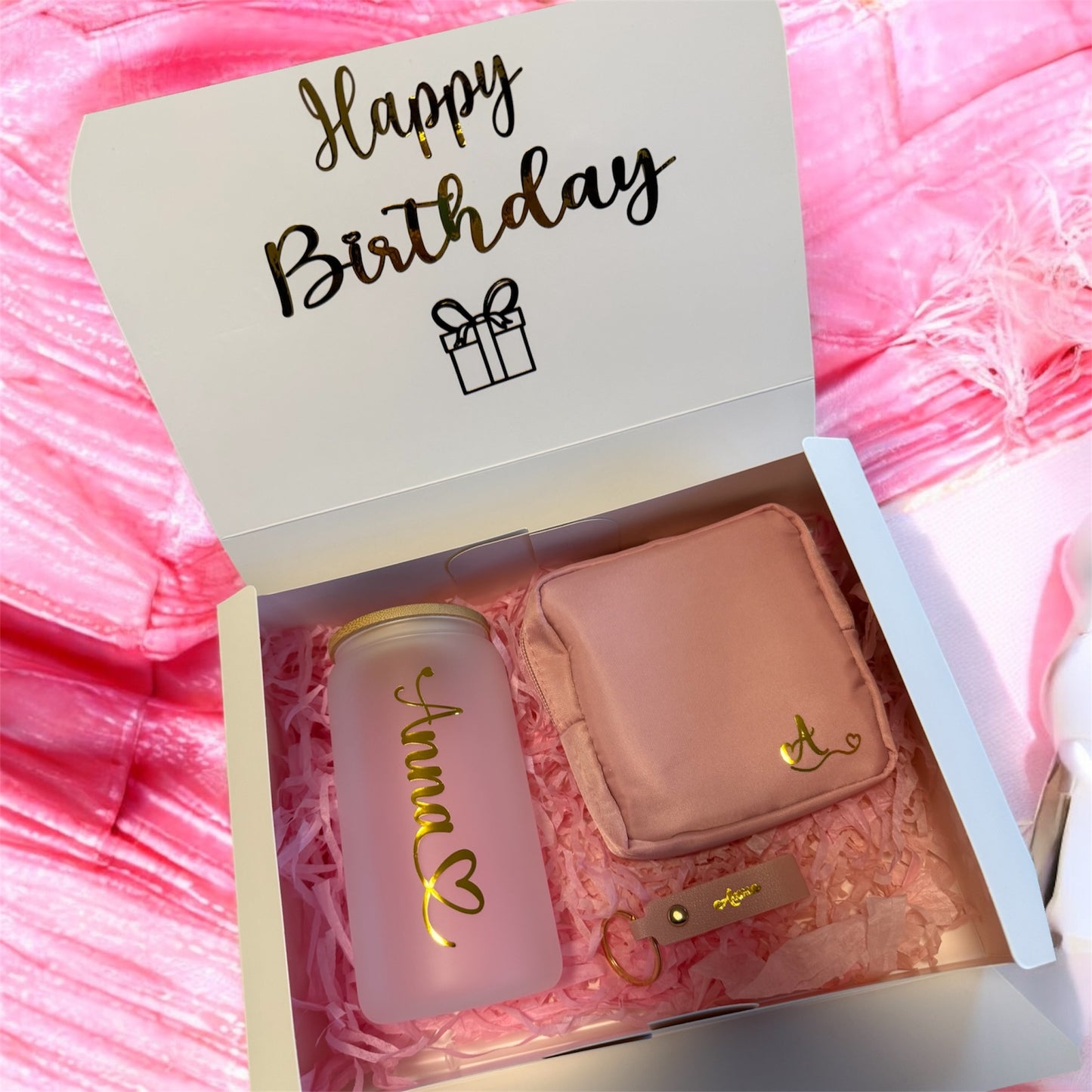 Gift Box: Personalized Glass Tumbler, Toiletry Bag, and Name Keychain