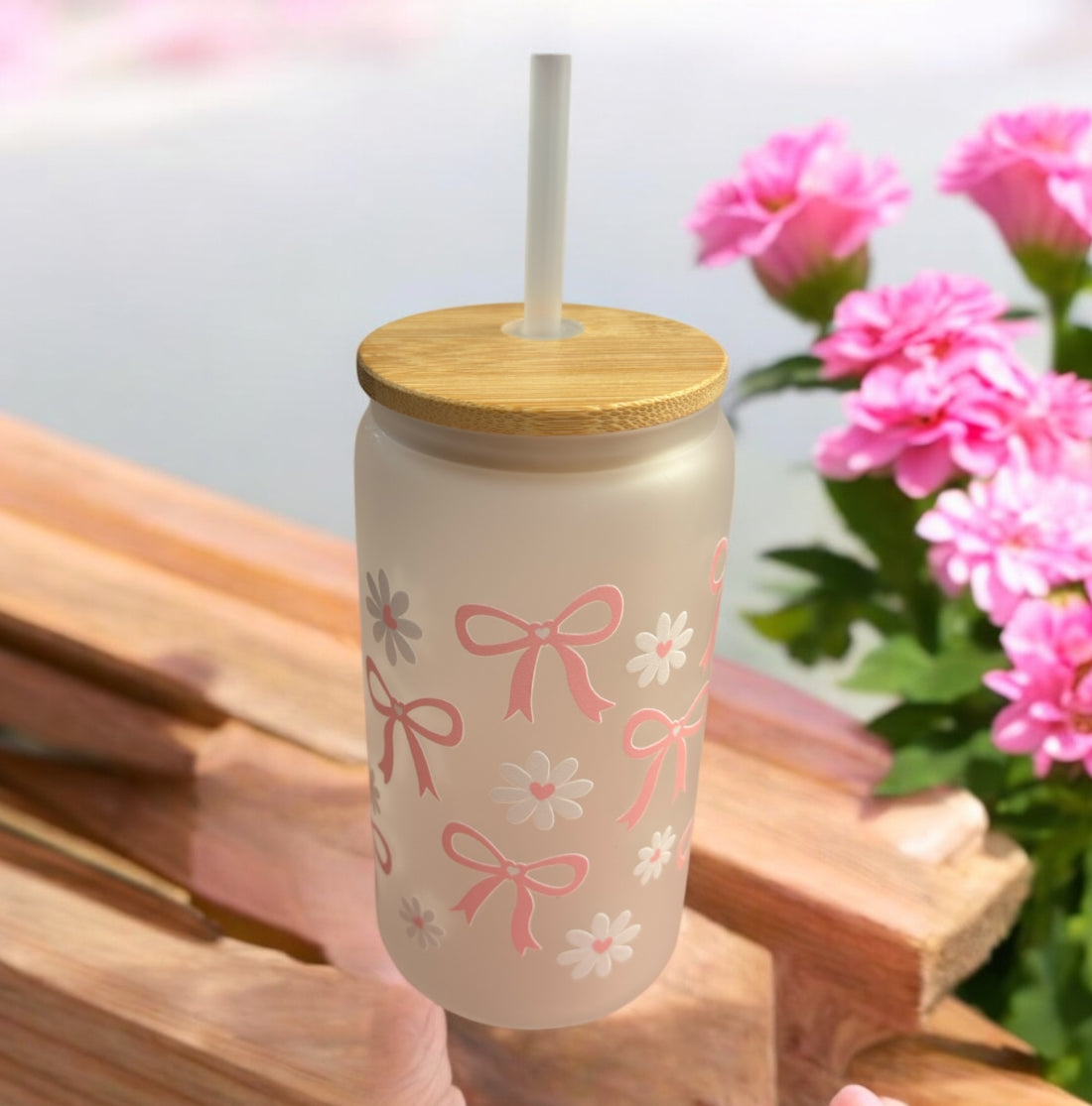 Bows and Flowers White Glass Tumbler