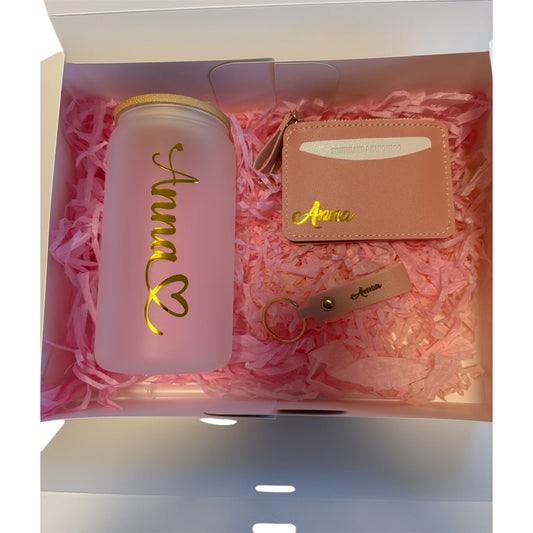 Gift Box: Personalized Glass Tumbler, Card Holder, and Name Keychain