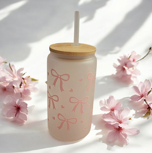 White Glass Tumbler with Bows and Hearts
