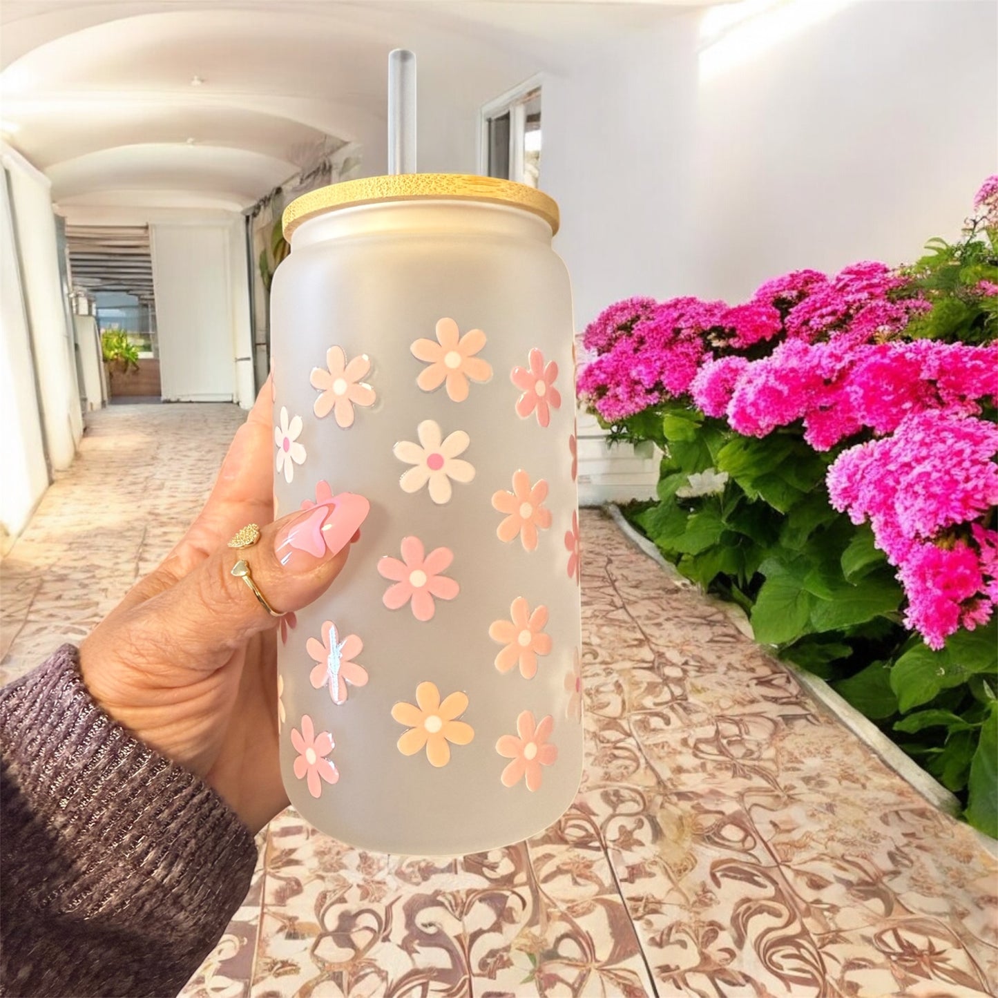 Glass Tumbler with Small Flowers