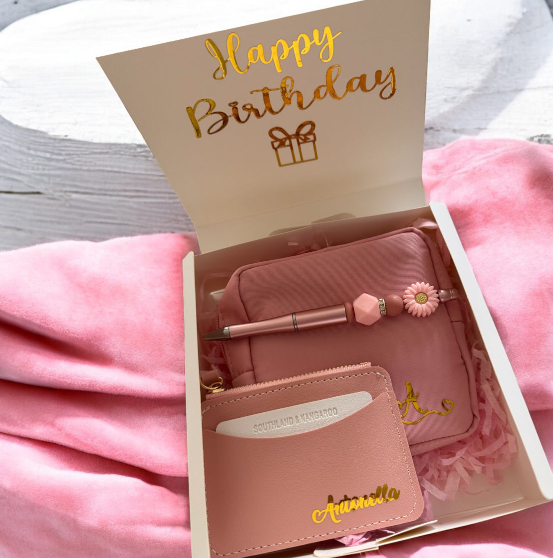 Gift Box: Cosmetic Bag, Card Holder, and Bohemian Pen