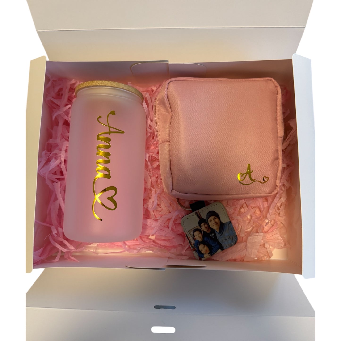 Gift Box: Personalized Glass Tumbler, Toiletry Bag, and Photo Keychain