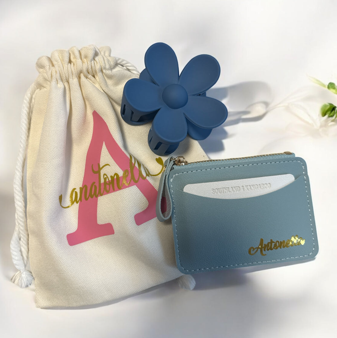 Gift Box, Bag, Personalized Card Holder, and Flower Clip