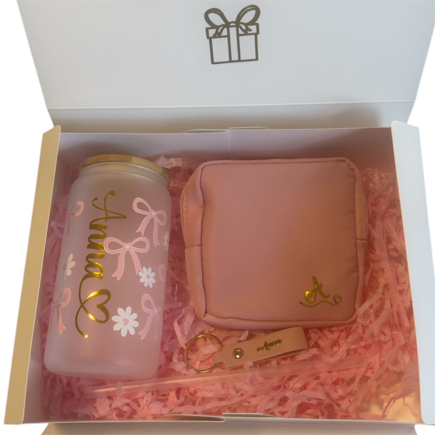 Gift Box: Designer Glass Tumbler, Toiletry Bag, and Name Keychain