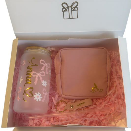 Gift Box: Designer Glass Tumbler, Toiletry Bag, and Name Keychain