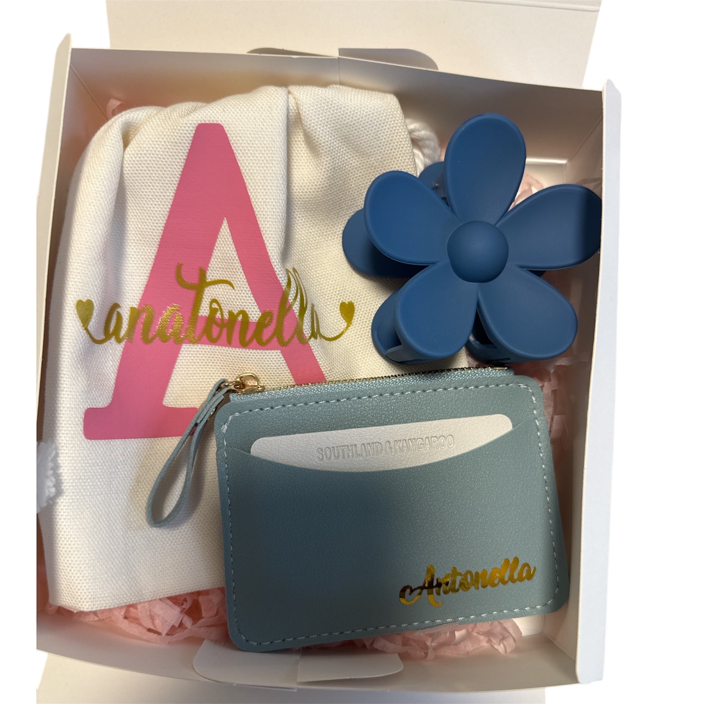 Gift Box, Bag, Personalized Card Holder, and Flower Clip