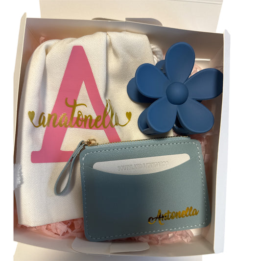 Gift Box, Bag, Personalized Card Holder, and Flower Clip