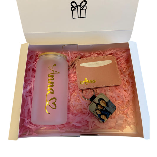 Gift Box: Personalized Glass Tumbler, Card Holder, and Photo Keychain