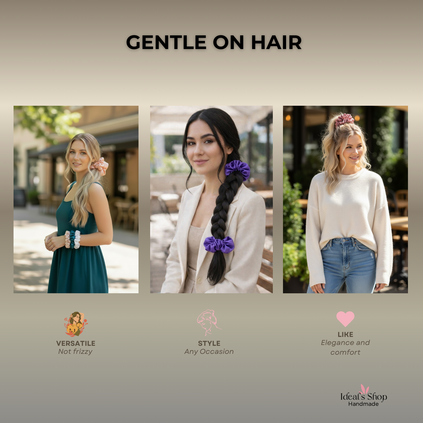 XL Satin Scrunchies Set of 3 – Premium Handmade No-Pull Hair Ties for Women & Girls – Oversized Scrunchies - Purple, Bubblegum and Salmon.