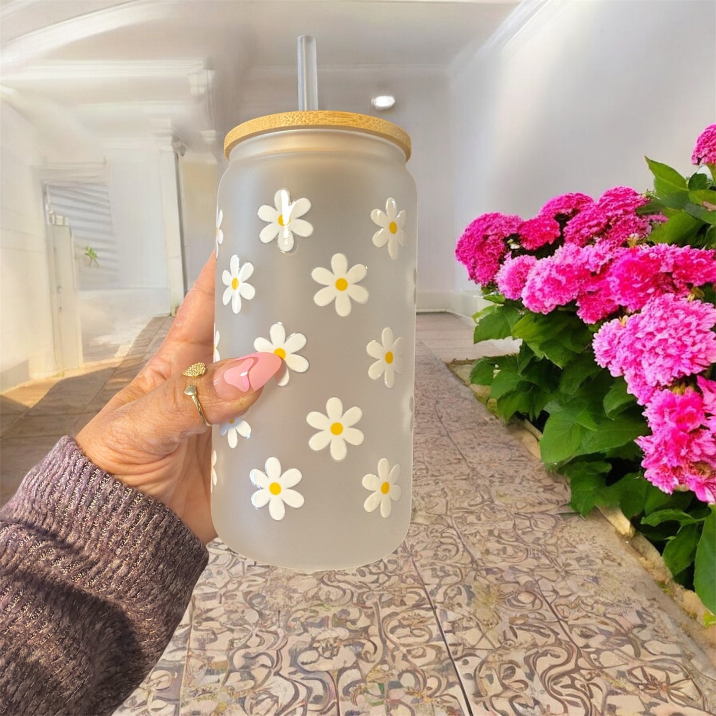 White Glass Tumbler Flowers