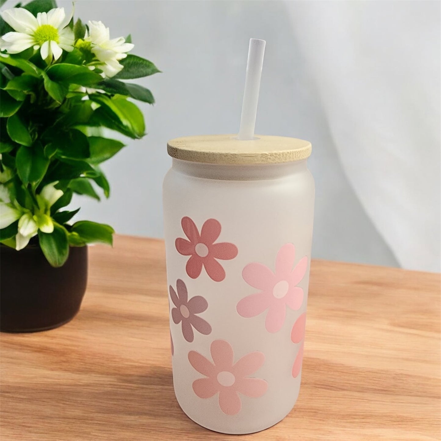 Large Flower White Glass Tumbler