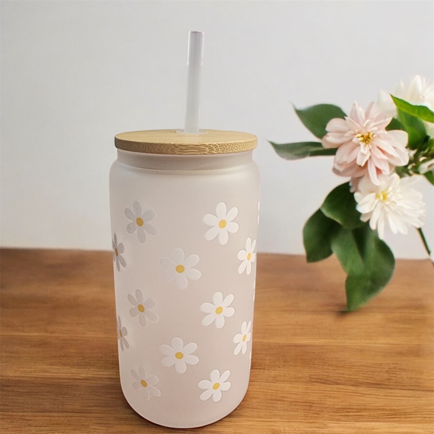 White Glass Tumbler Flowers