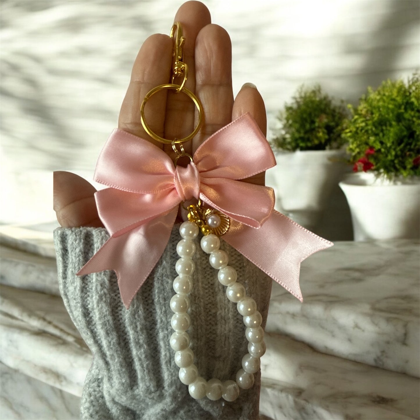 Elegant Bow and Pearl Keychains