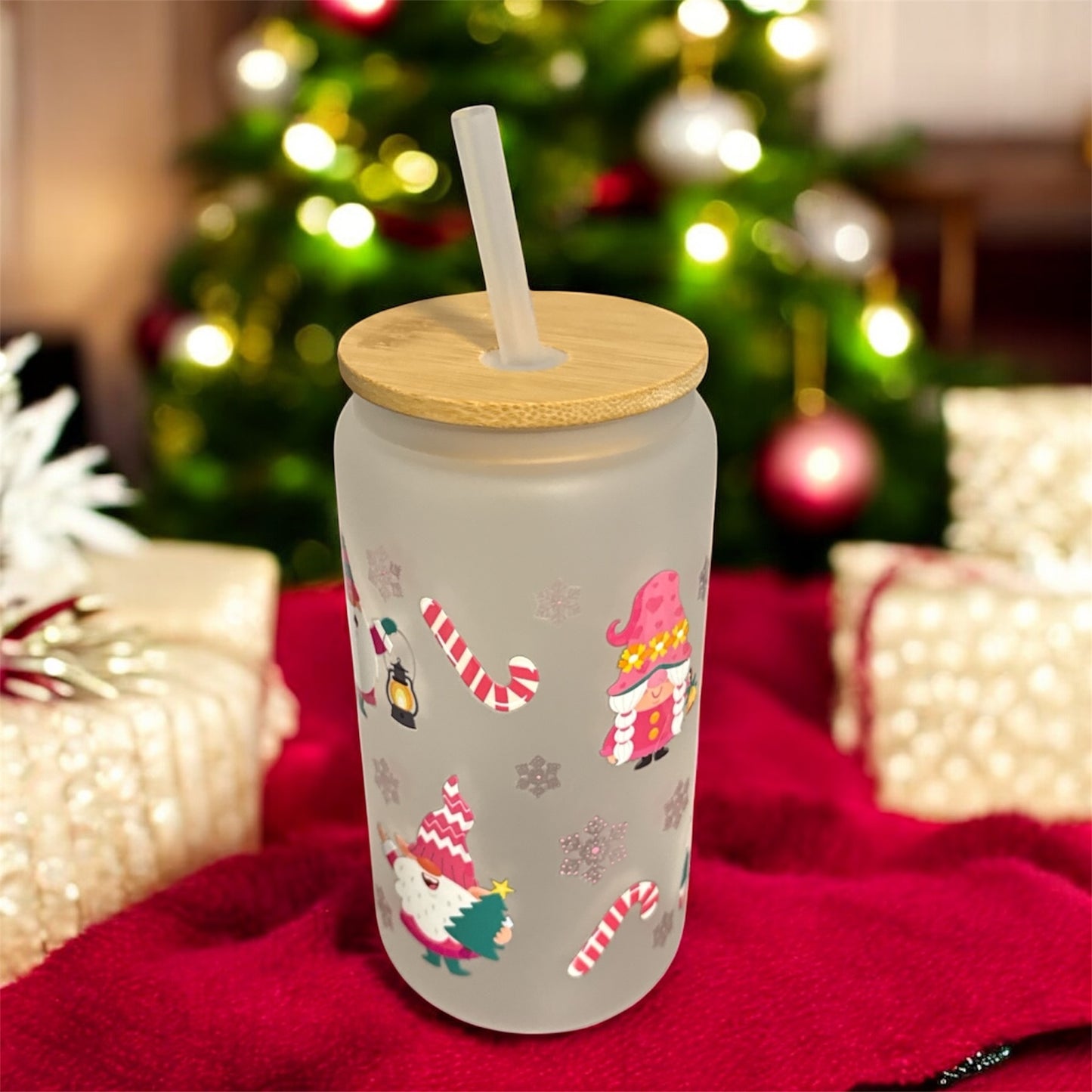 White Glass Tumbler with Christmas Gnomes