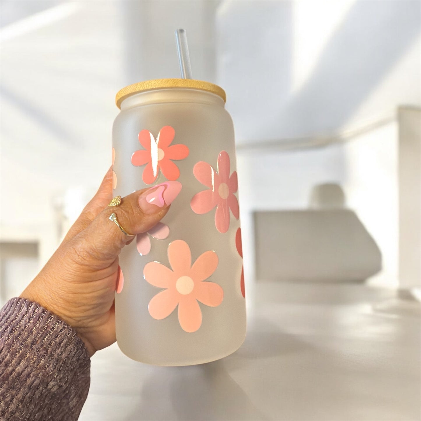 Large Flower White Glass Tumbler