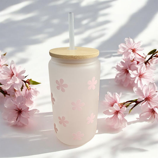 Pink Floral White Glass Tumbler