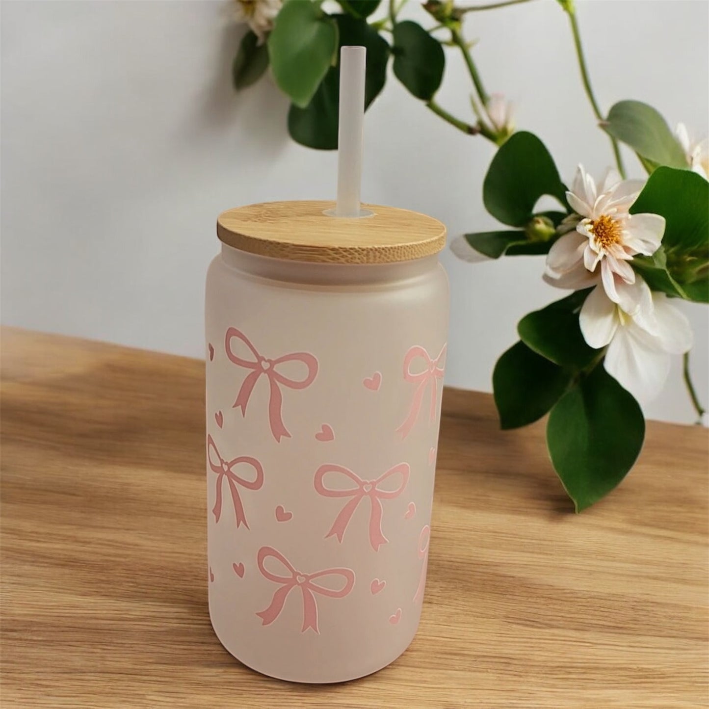 White Glass Tumbler with Bows and Hearts