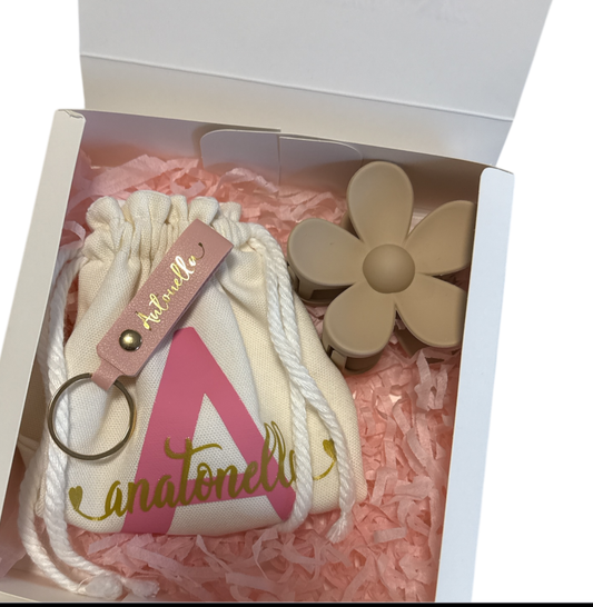 Gift Box Pouch Personalized Leather Keychain and Flower Claw