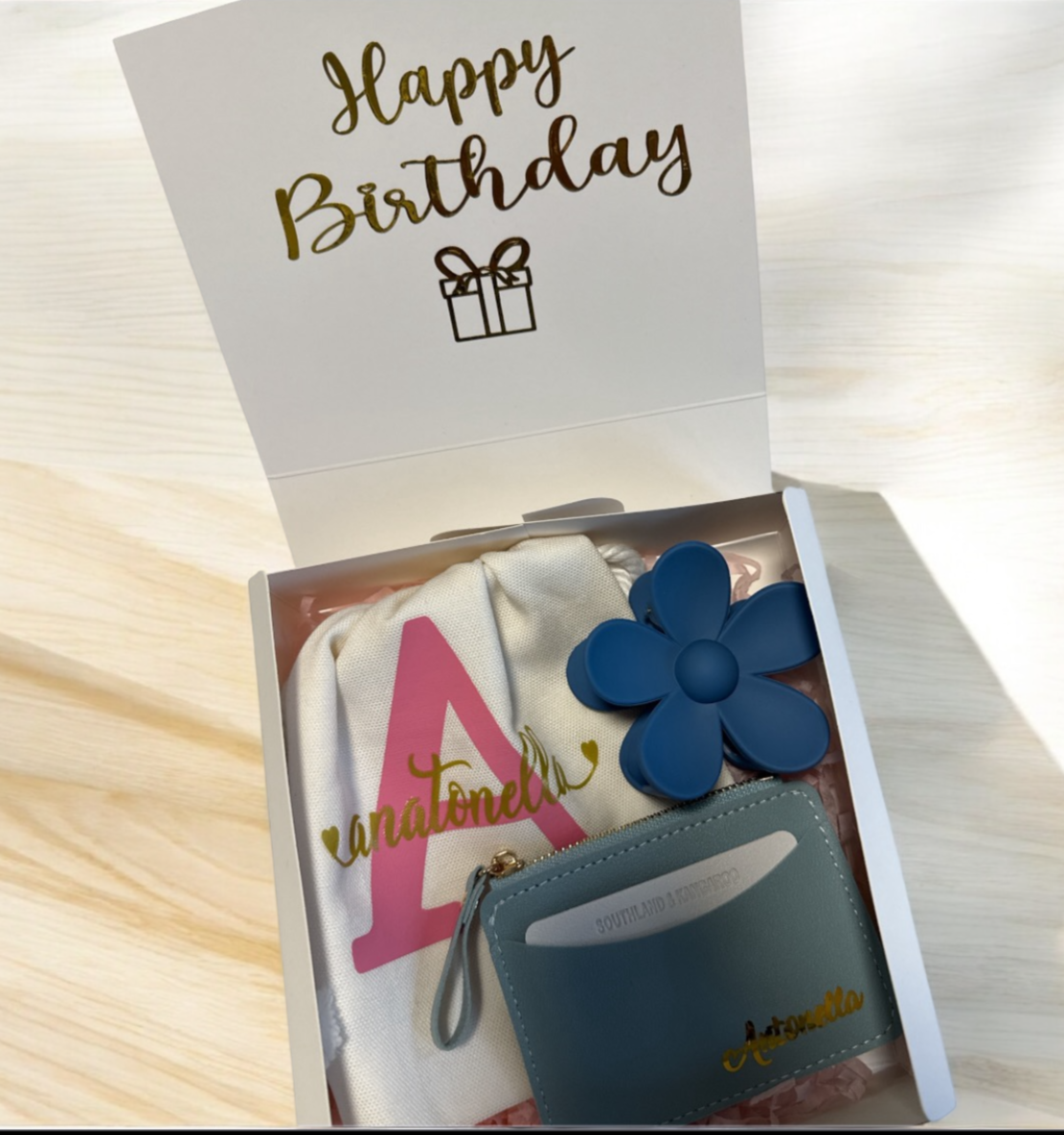 Gift Box, Bag, Personalized Card Holder, and Flower Clip