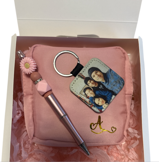 Gift Box: Toiletry Bag, Photo Keychain, and Bohemian Pen
