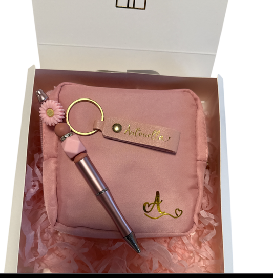 Gift Box: Toiletry Bag, Name Keychain, and Bohemian Pen