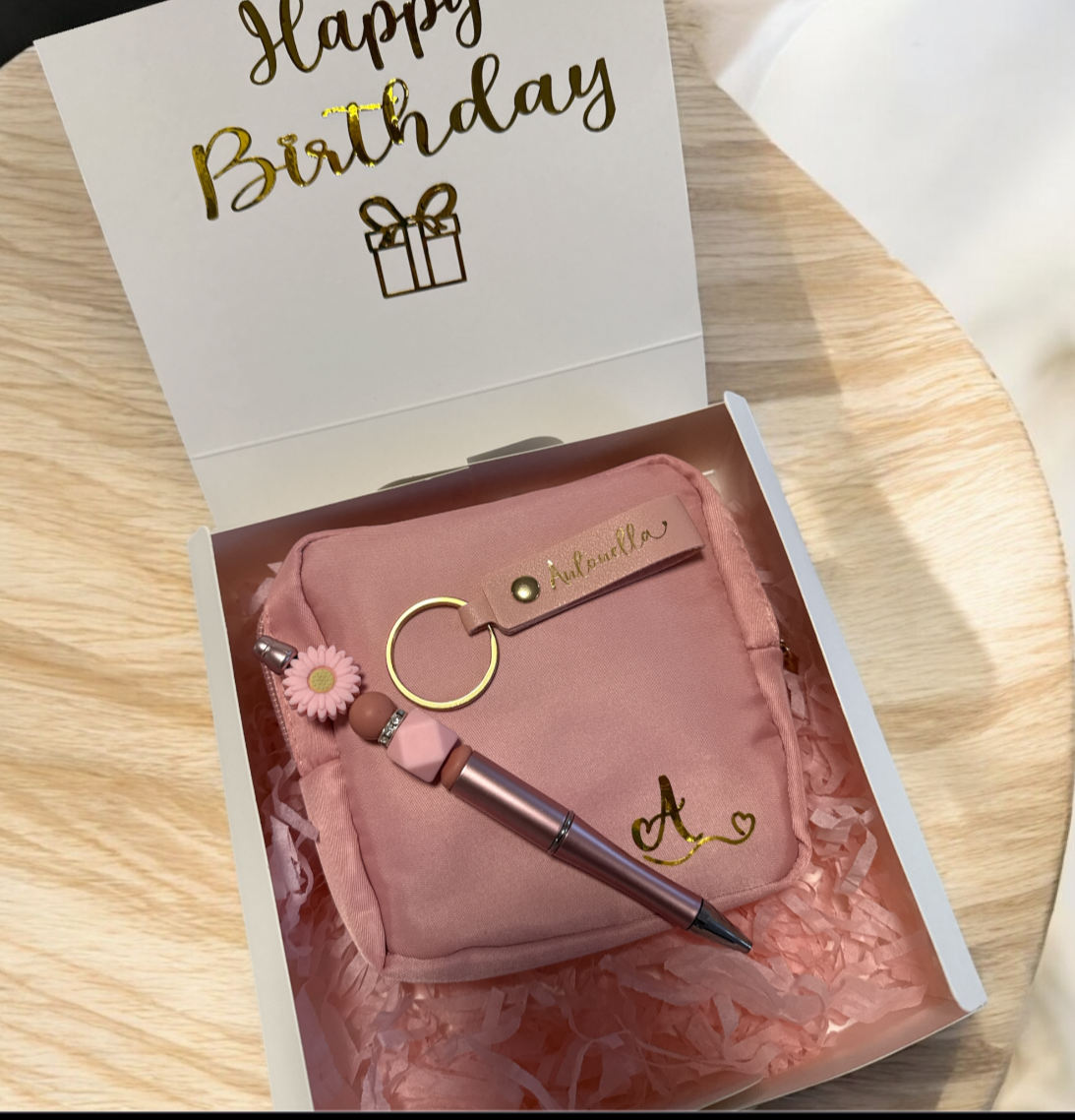 Gift Box: Toiletry Bag, Name Keychain, and Bohemian Pen