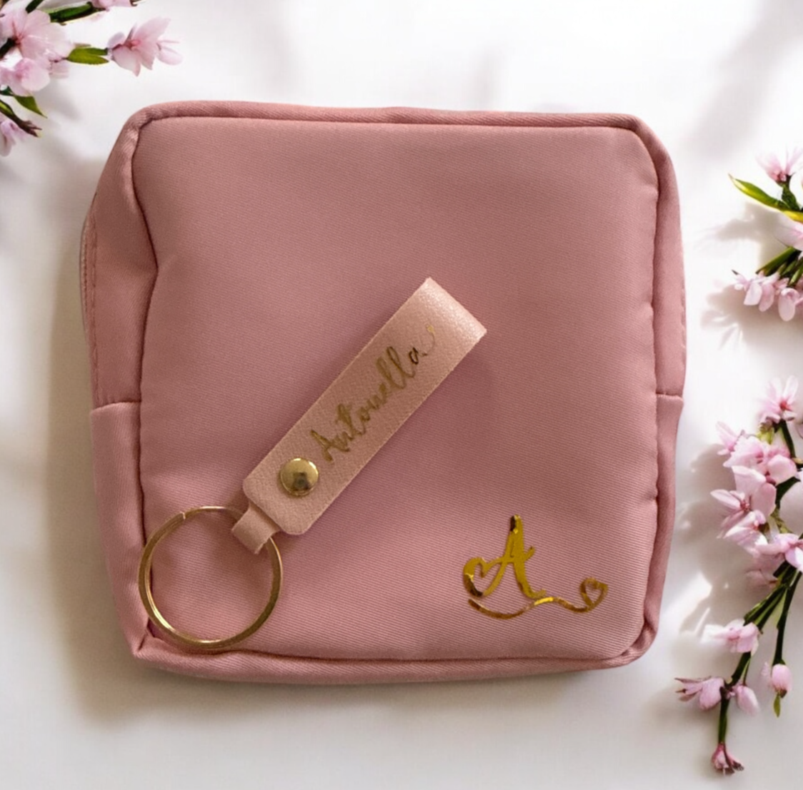 Gift Box: Designer Glass Tumbler, Toiletry Bag, and Name Keychain