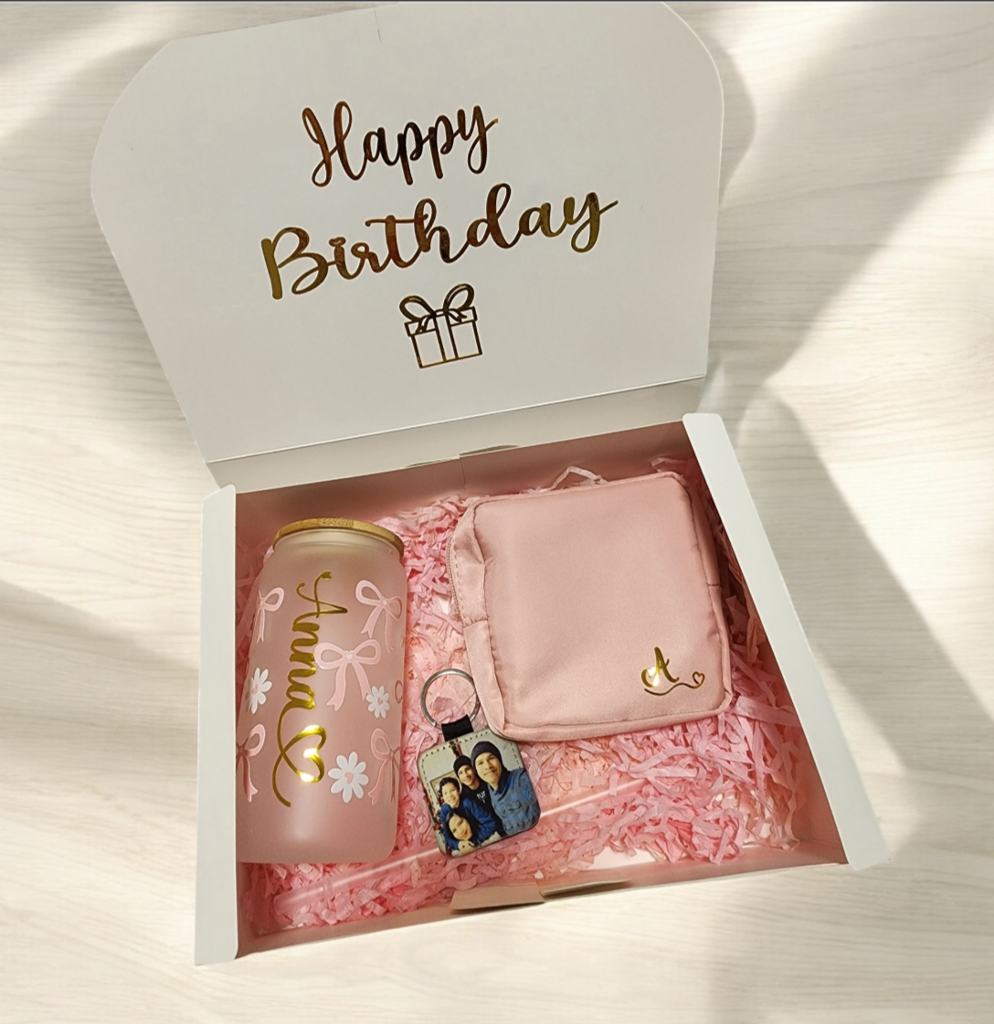 Gift Box: Designer Glass Tumbler, Toiletry Bag, and Photo Keychain
