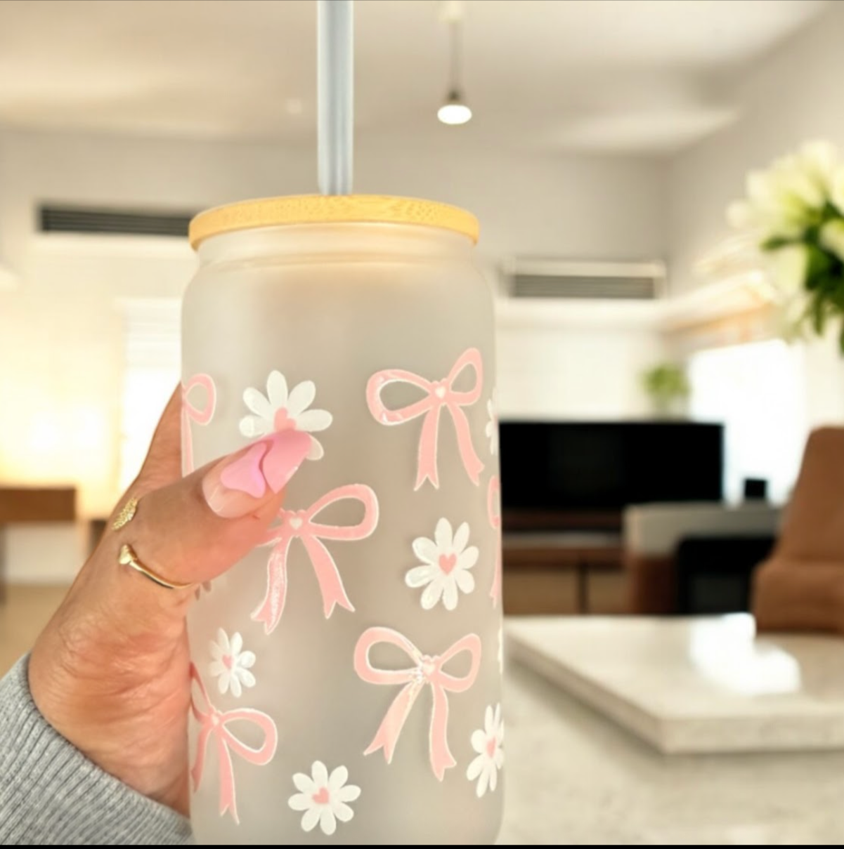Bows and Flowers White Glass Tumbler