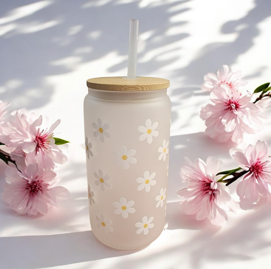White Glass Tumbler Flowers